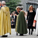 24 July:King Harald and Bishop Ole Christian Kvarme, Queen Sonja and Preses Helga Byfuglien, Princess Märtha Louise and Dean Olav Dag Hauge and Mr Ari Behn outside Oslo Cathedral after the service (Photo: Håkon Mosvold Larsen / Scanpix)